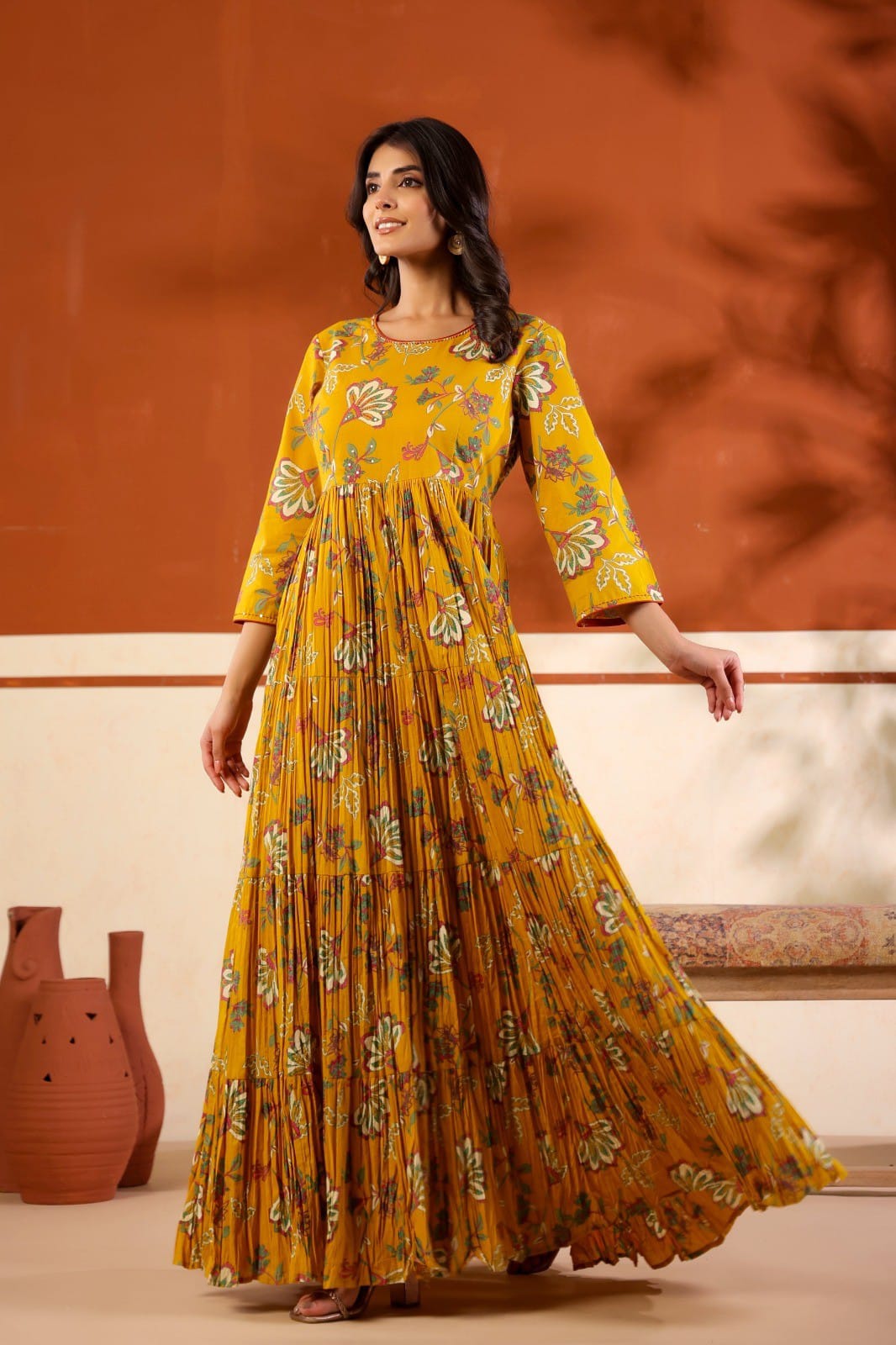 Beautiful cotton one piece digital printed cotton gown in yellow