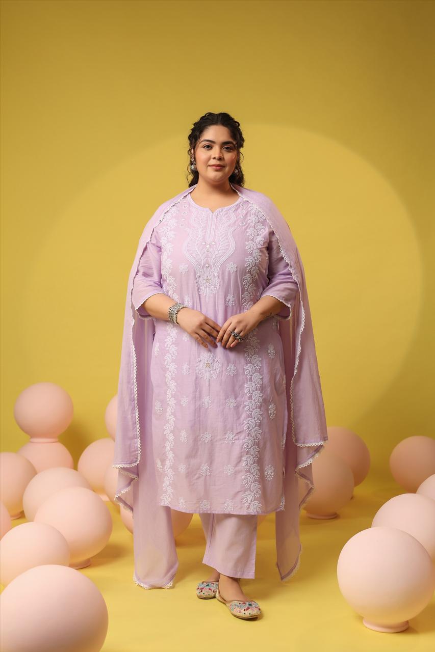 Pretty Mul cotton lavender chikankari suit set