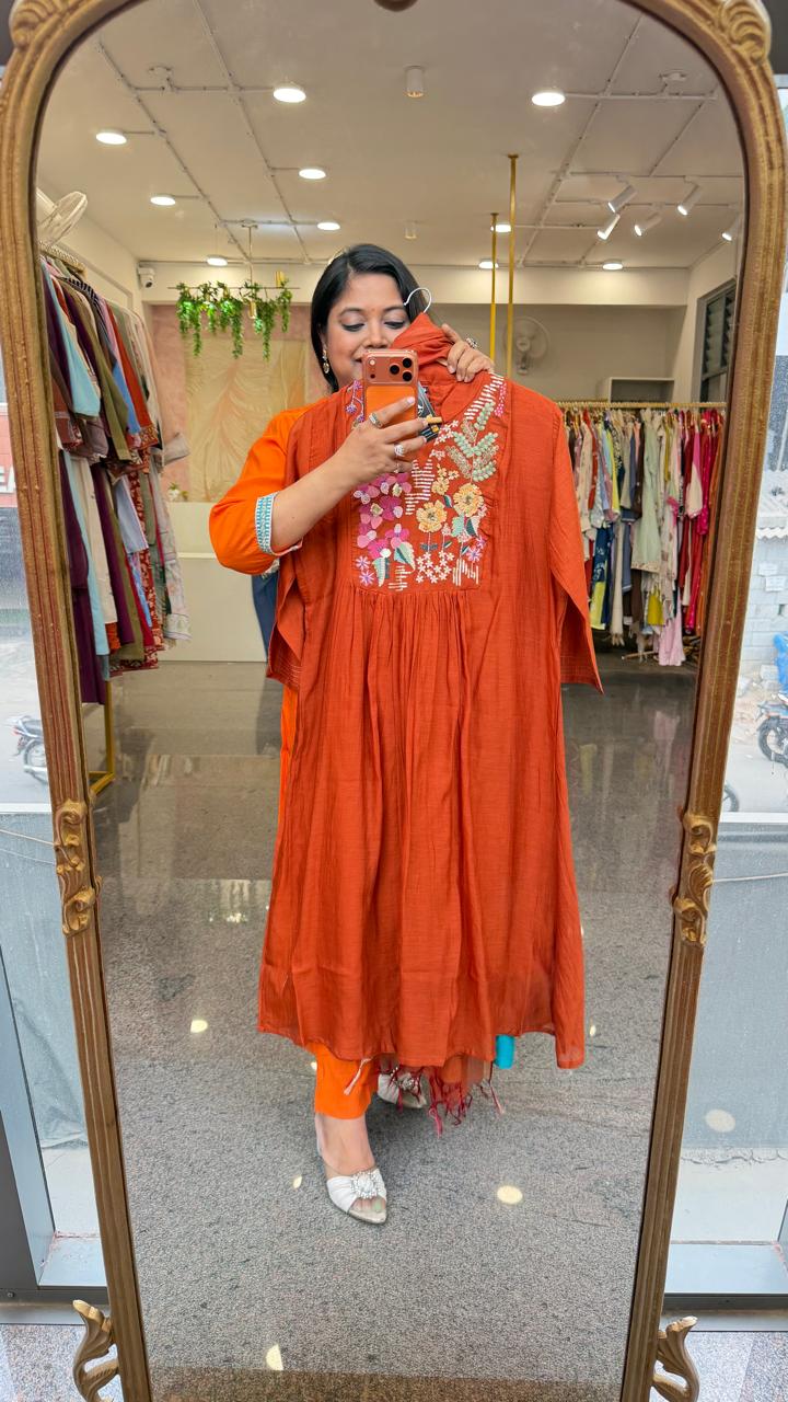 Premium Mul chanderi heavy embroidery lining suit set