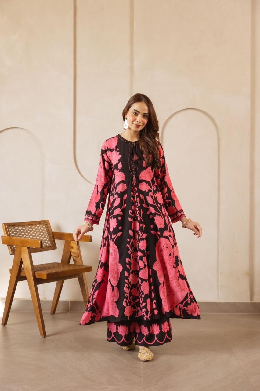 Premium slub cotton kurta pant in black n pink