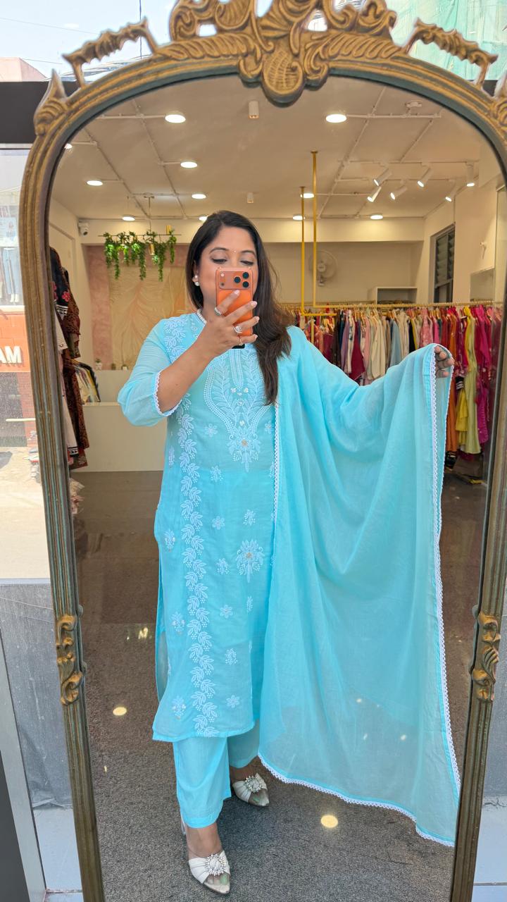 Pure mul cotton chikankari suit set in Sea Green