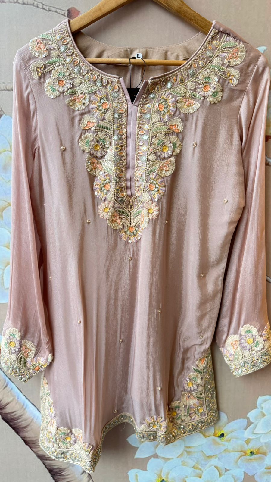 Premium chinon with intricate hand work bell bottom pant suit set