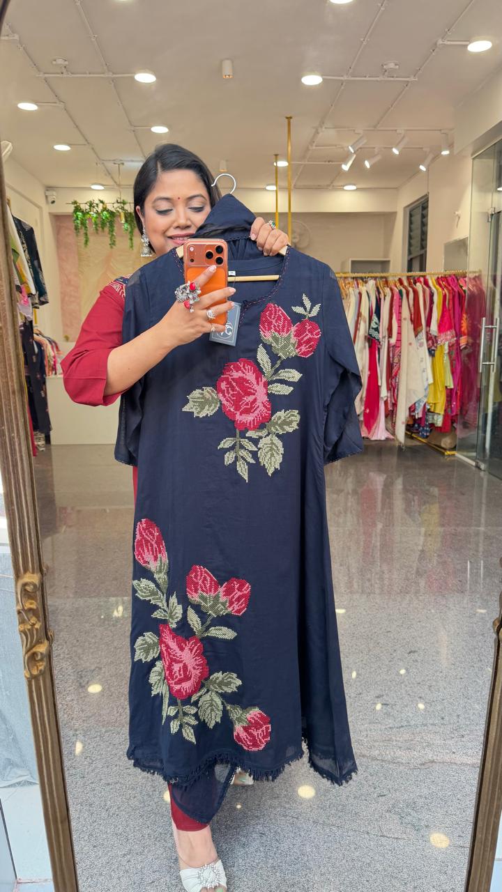 Mul cotton fully embroidered in royal blue colour