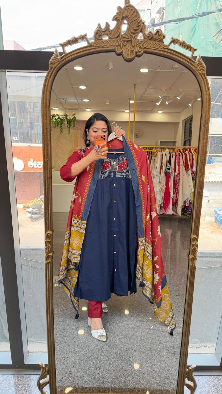Premium cotton applique work cotton suit in blue with pocket and paired with a Kalamkari dupatta