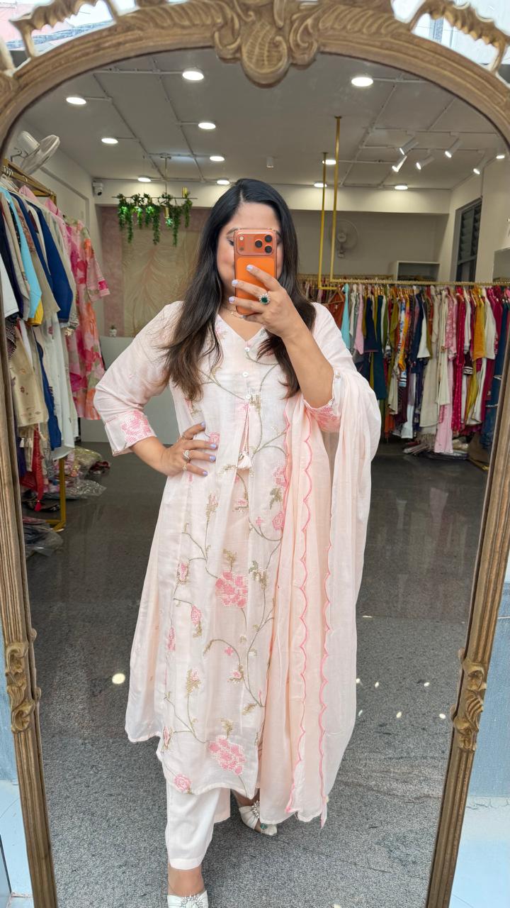 Restocked!!Premium Mul cotton fully embroidered in powder baby pink