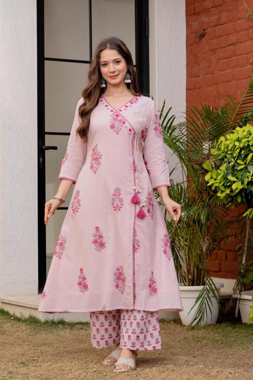Premium cotton angrakha black printed lining suit set in pink