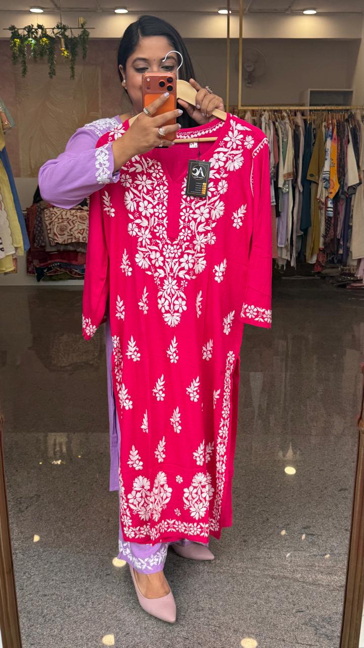 Super pretty slub cotton chikankari kurta pant in pink