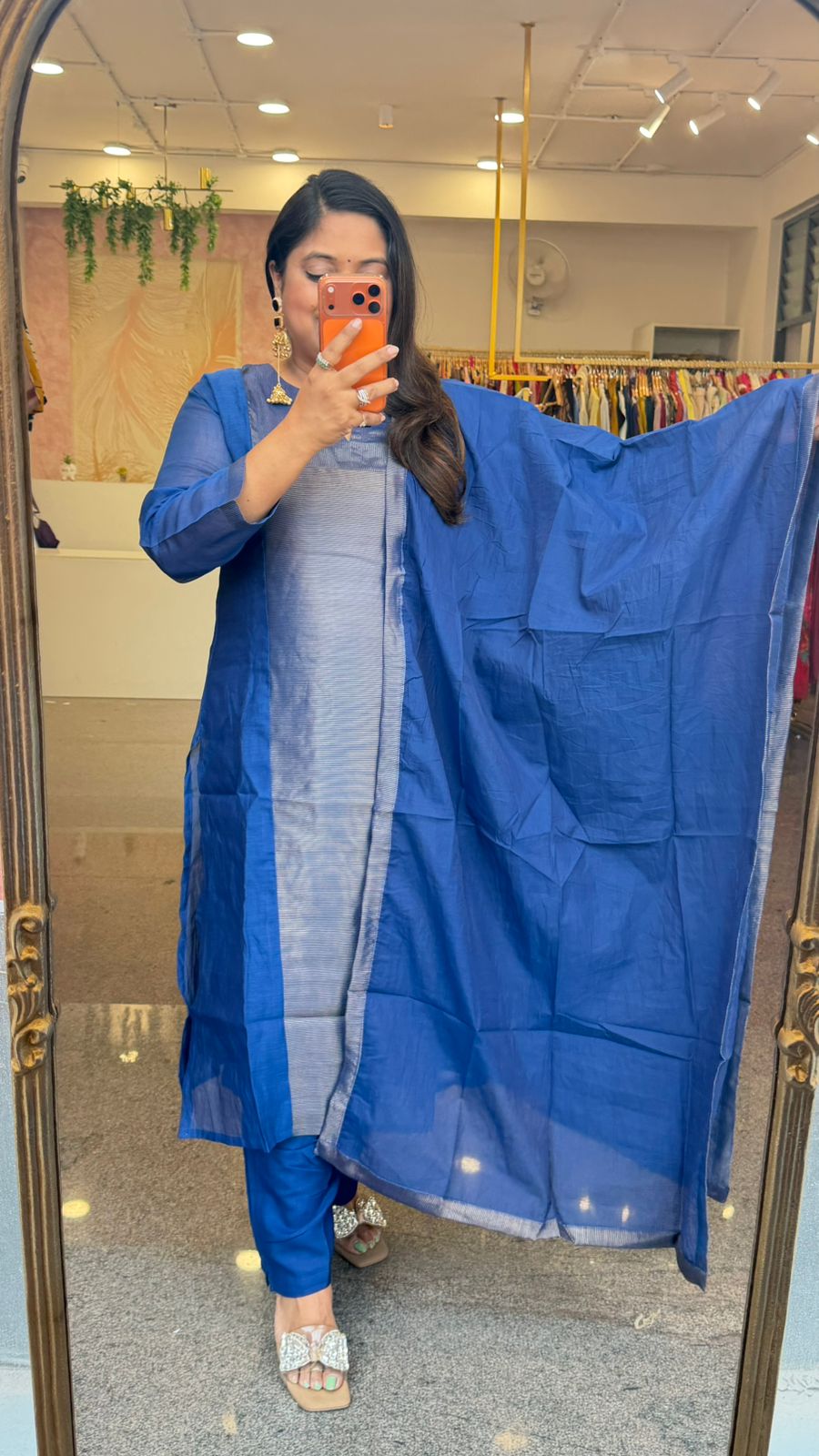 Chanderi suit with tissue panel both front n back in royal blue
