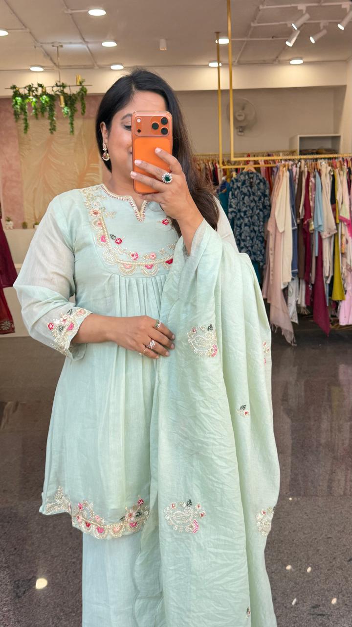 Pretty Mul chanderi had work detailing full suit set in mint green