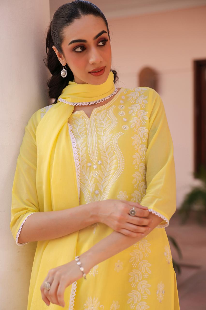 Pretty Mul cotton yellow chikankari suit set
