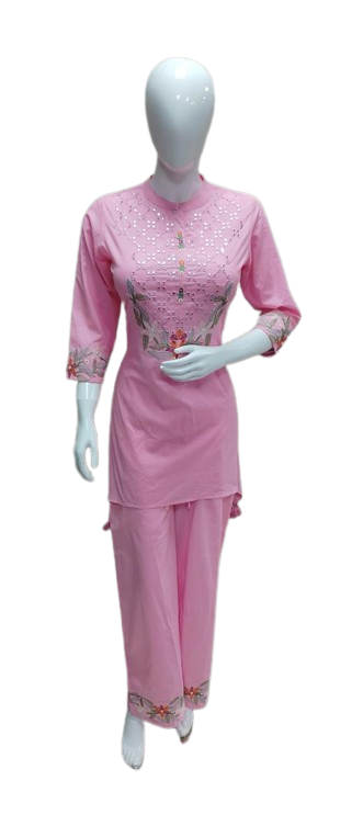 Pure cotton embroidered co ord in pink