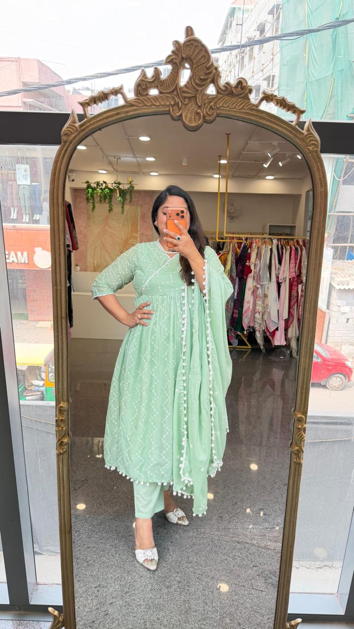 Pure Mul cotton fully embroidered front n back angrakha suit set in mint green