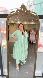 Pure Mul cotton fully embroidered front n back angrakha suit set in mint green