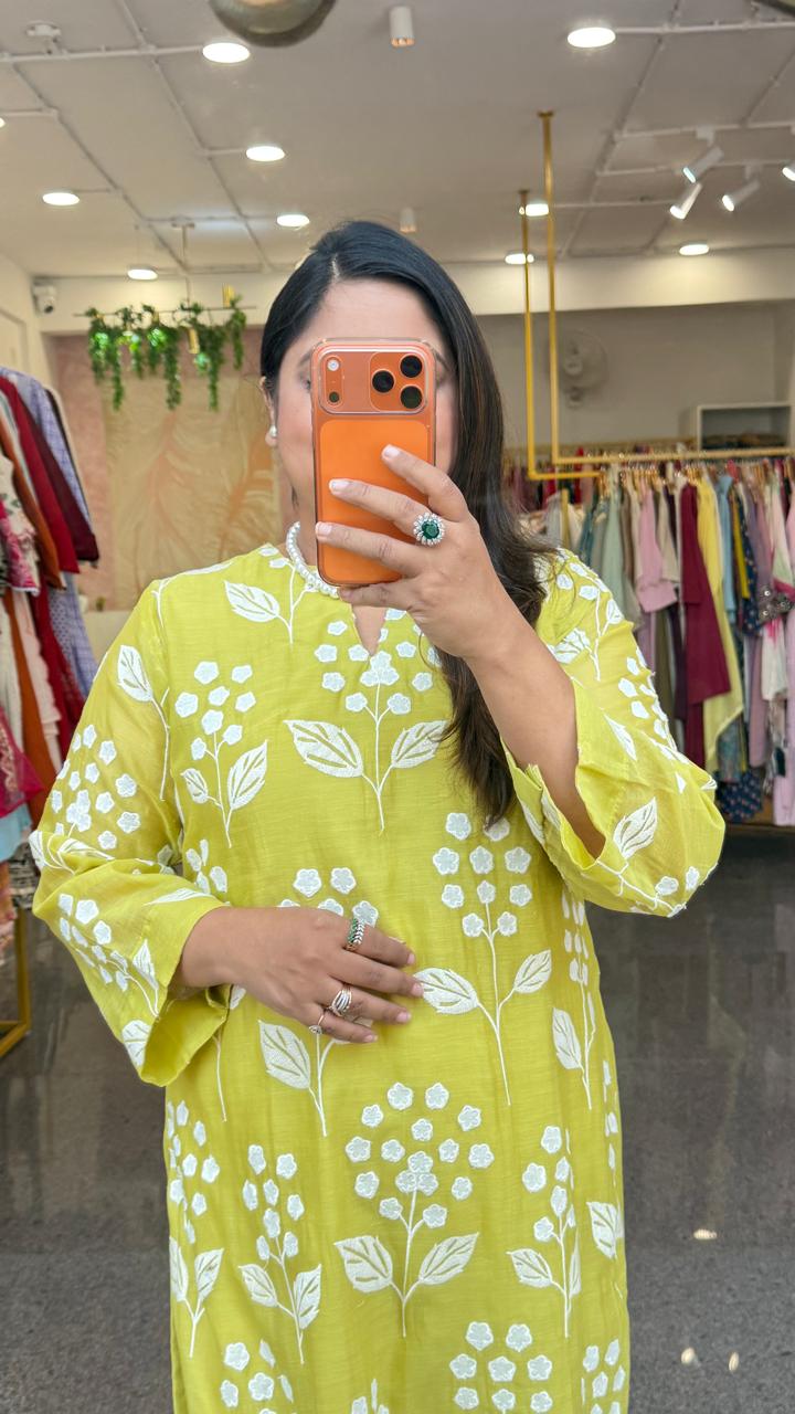 Restocked on high demand ! Celebrity design embroidered Mul chanderi kurta pant in lime green