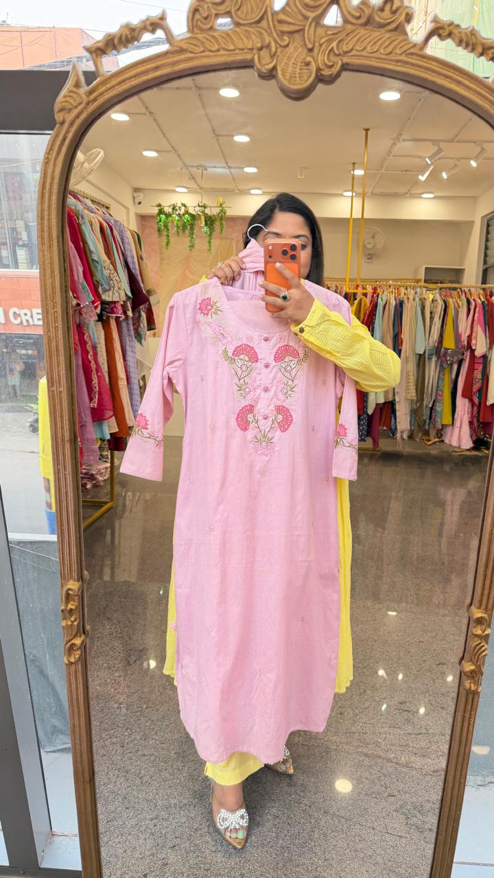 Premium cotton embroidered full suit set in pink