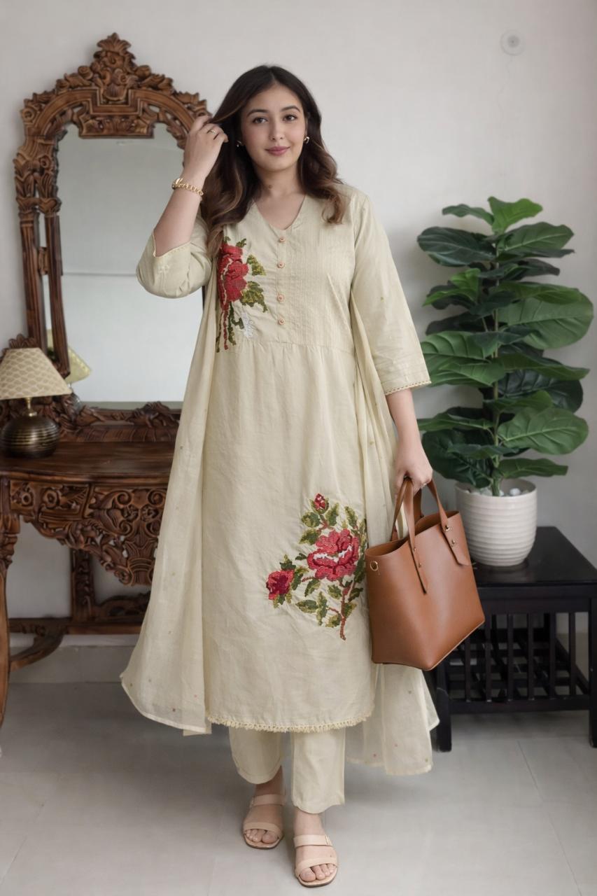 Pure cotton fully embroidered in beige
