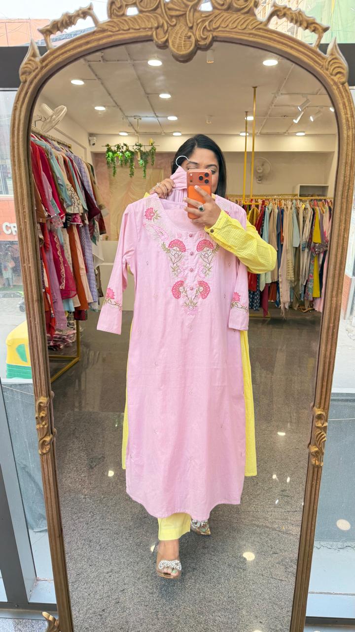 Premium cotton embroidered full suit set in pink