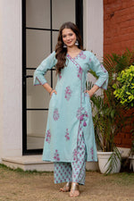 Premium cotton angrakha black printed lining suit set in blue