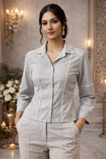 Pretty chanderi lace detailing co ord set in ice blue