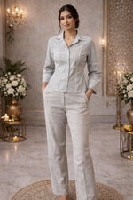 Pretty chanderi lace detailing co ord set in ice blue