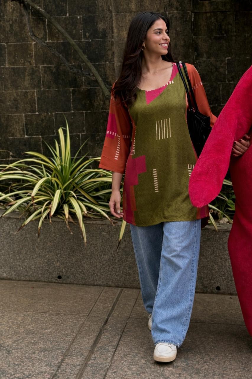Designer abstract printed top in lensilk silk in green