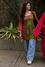 Designer abstract printed top in lensilk silk in green
