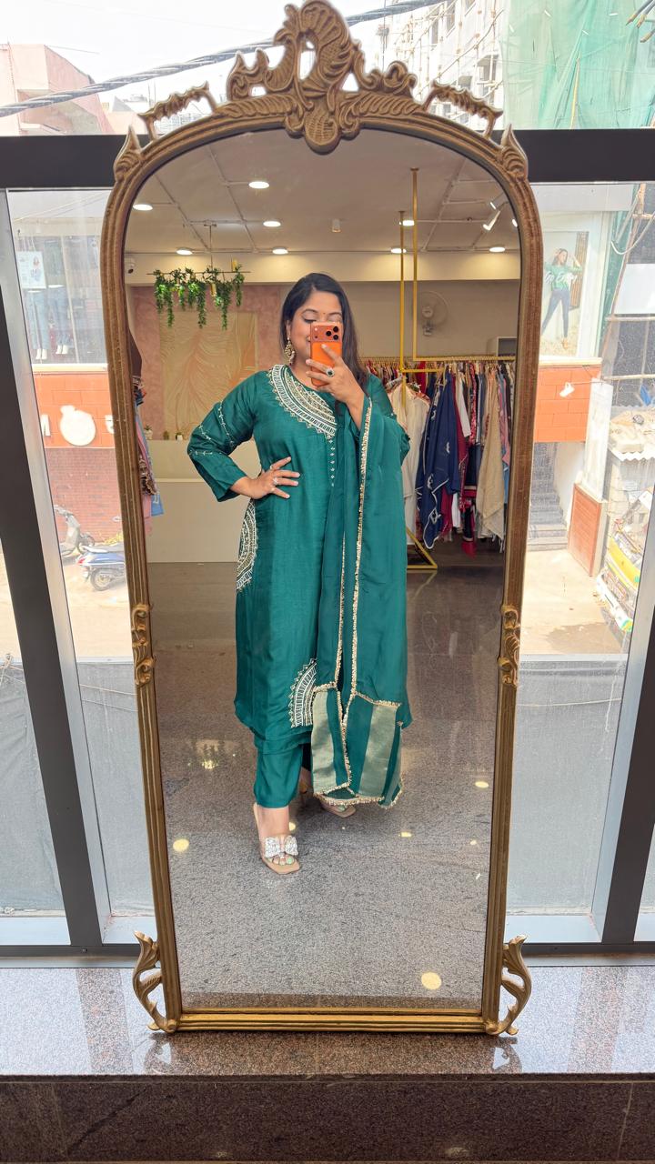 Viral dress! Premium dola silk hand work suit set in bottle green