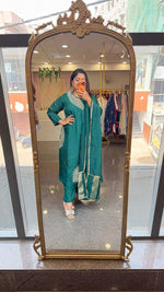 Viral dress! Premium dola silk hand work suit set in bottle green