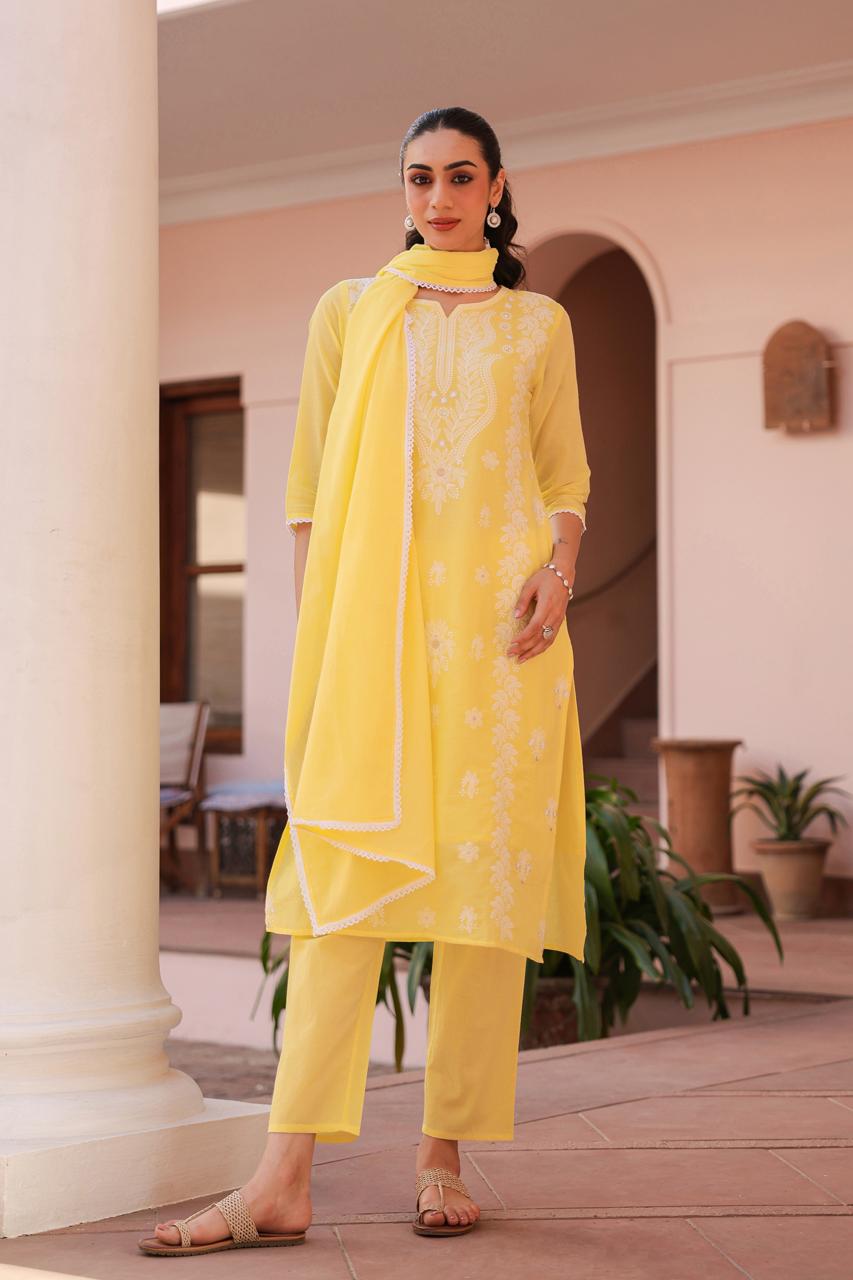 Pretty Mul cotton yellow chikankari suit set