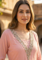 Premium chinon heavily embellished yoke kurta pant in pink