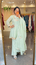 Pretty Mul chanderi had work detailing full suit set in mint green