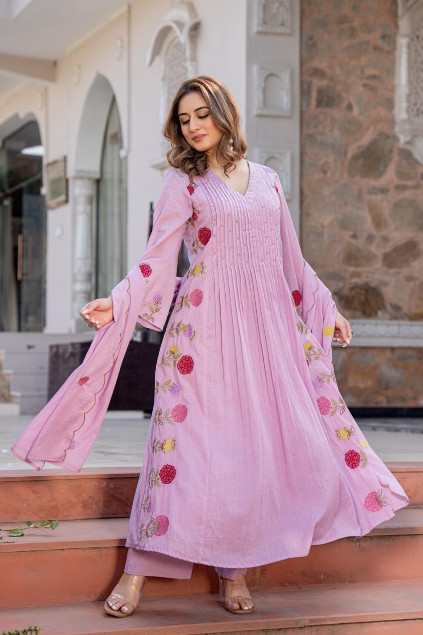 Premium applique work Mul cotton suit set