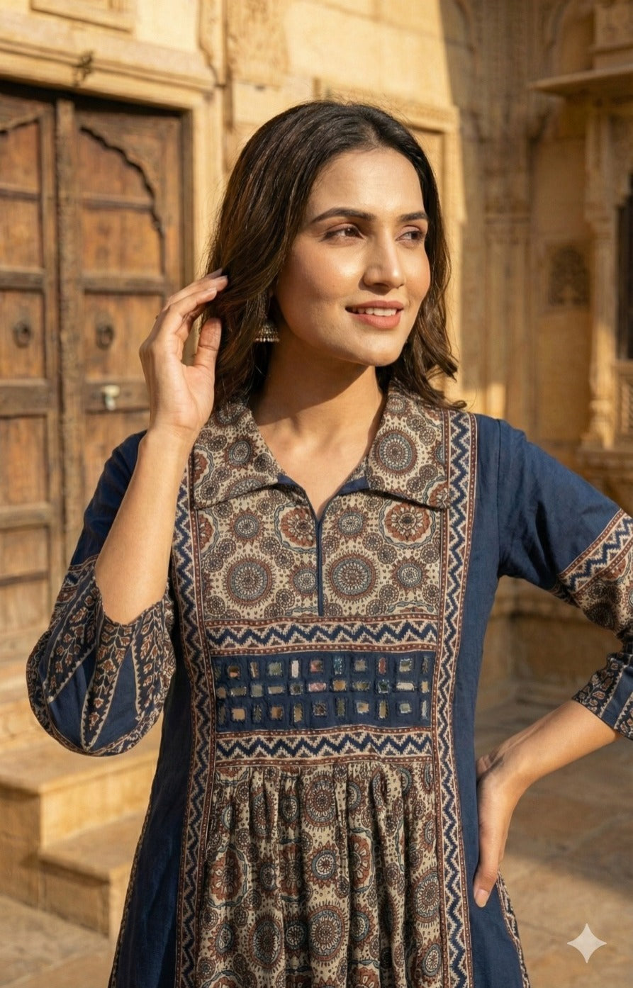 Pretty ajrakh cotton real mirror one piece in blue