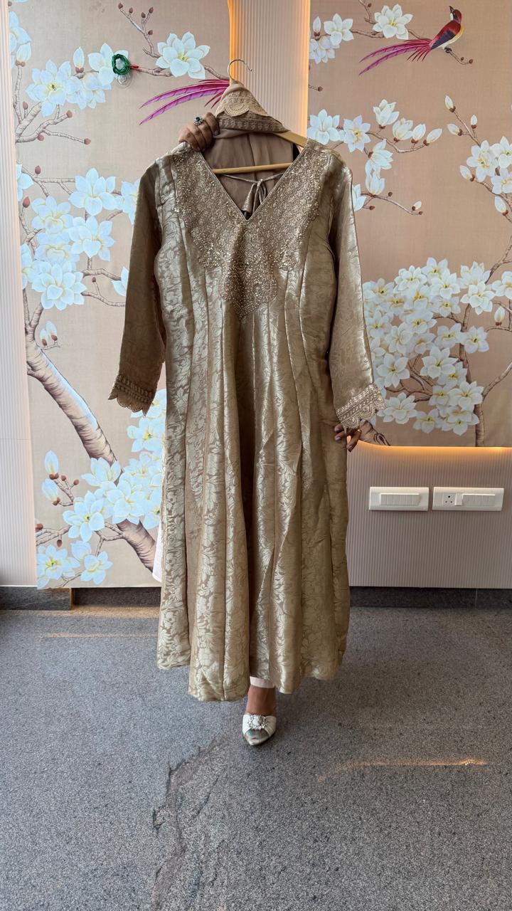 Designer back premium brocade Anarkali suit set in beige