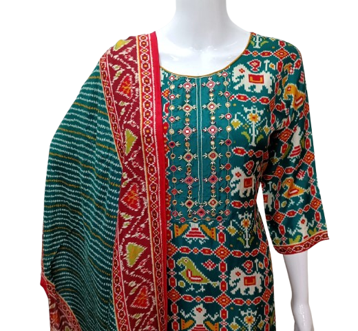 Russian silk Patola suit set in green