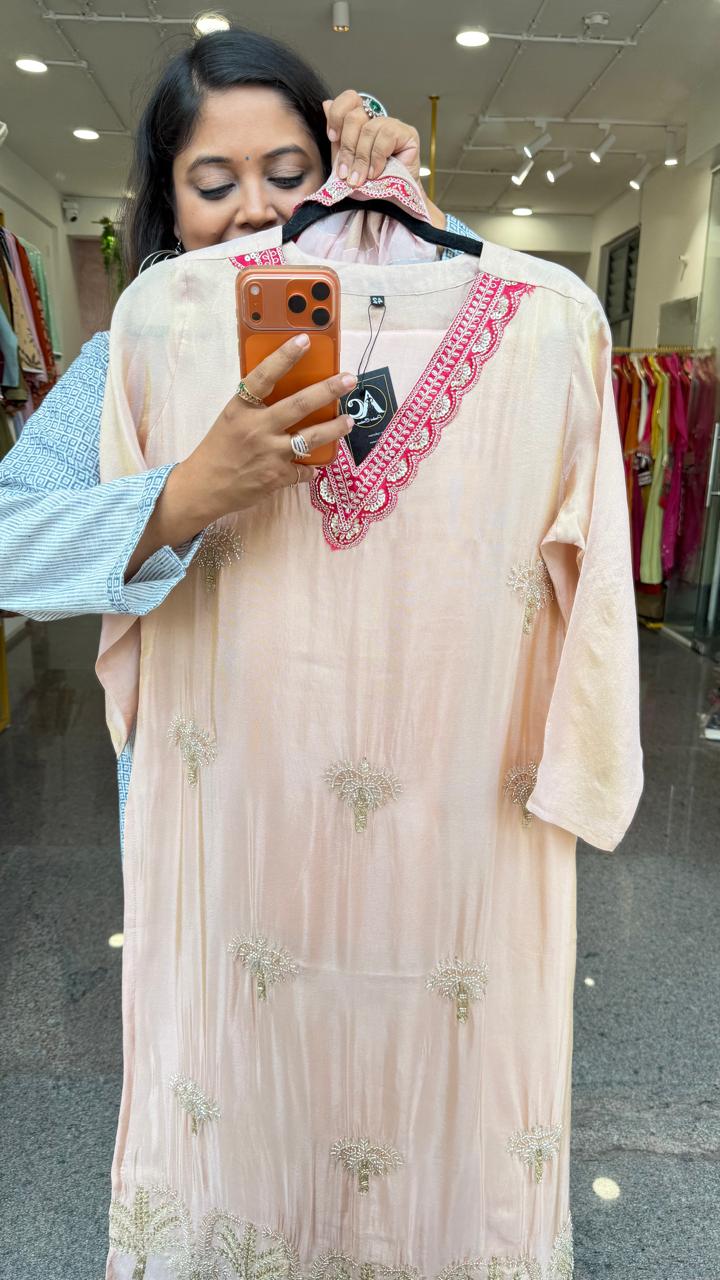 Premium tissue handwork suit set paired with tissue dupatta (true to size )