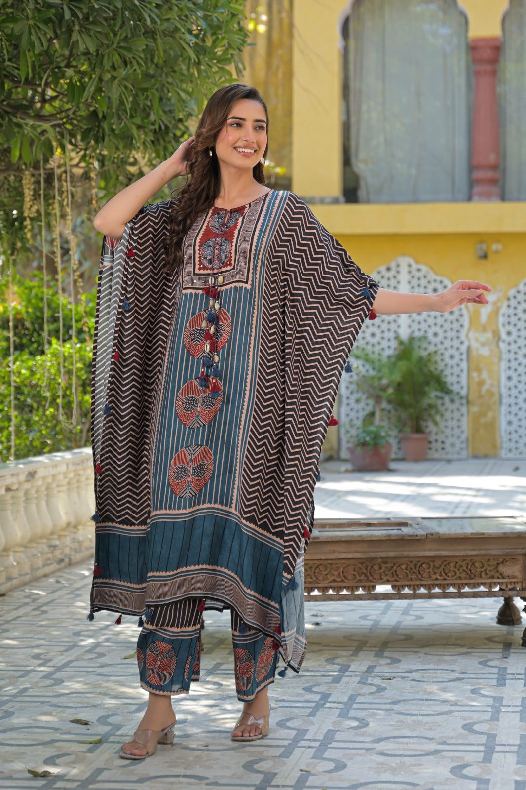 Premium Mul silk ajrakh kaftan co ord