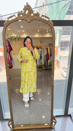 Restocked on high demand ! Celebrity design embroidered Mul chanderi kurta pant in lime green