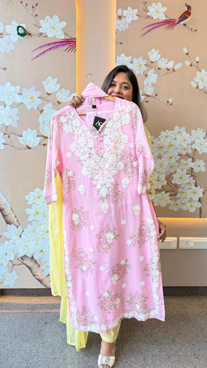 Restocked pure Mul cotton chikankari full suit set in pink