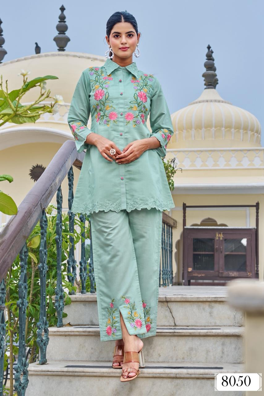 Applique work Mul chanderi in green