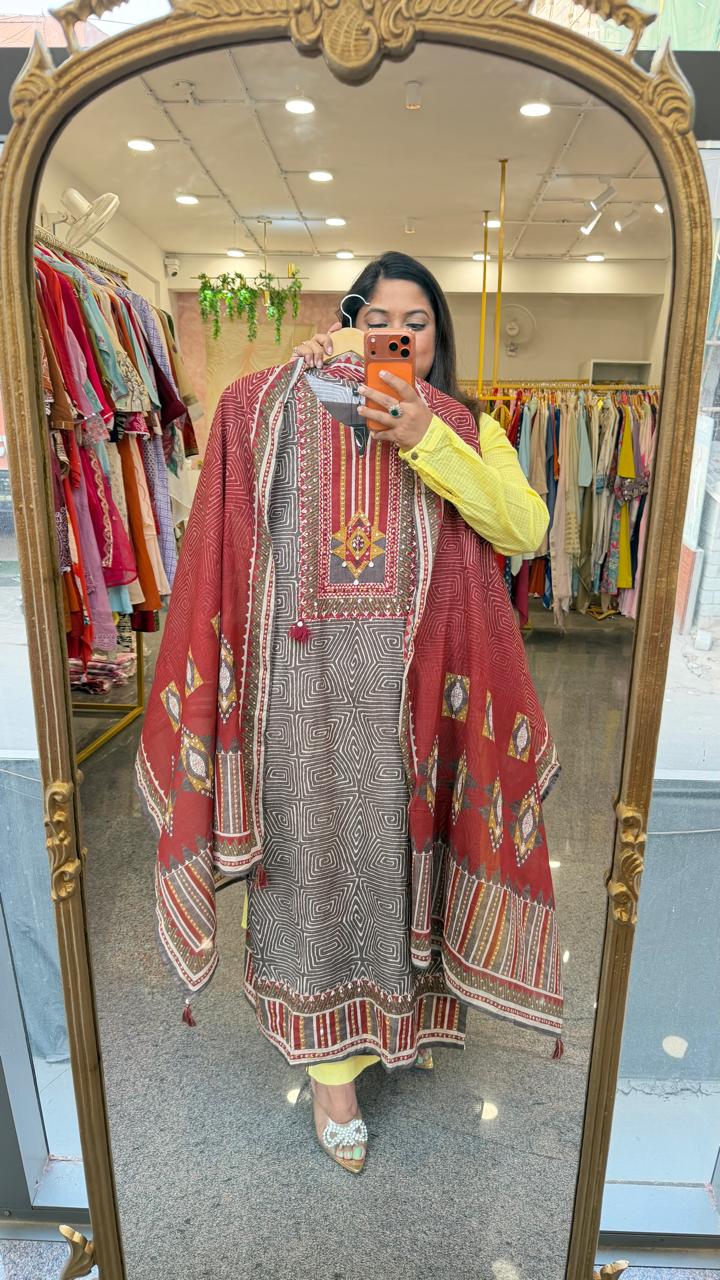 Pure cotton ajrakh suit set with katha detailing
