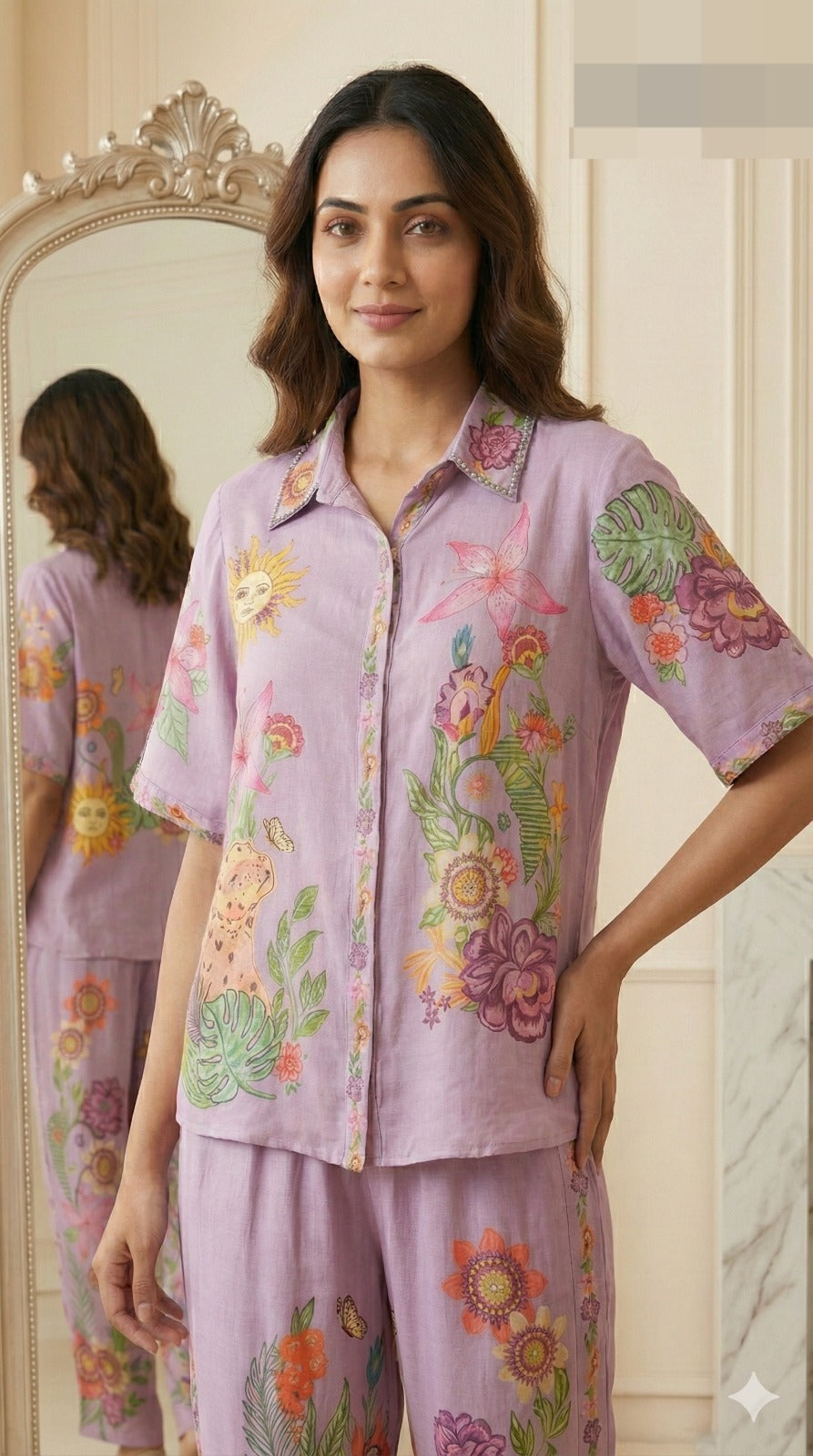 Pure Mul silk digital printed co ord set in purple