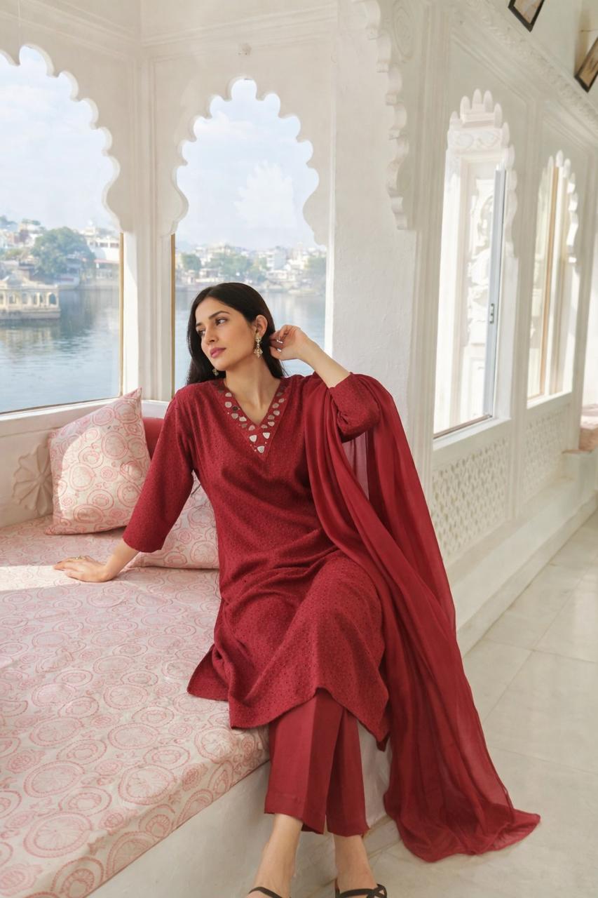 Premium shifli cotton full suit set in red with real mirror on yoke