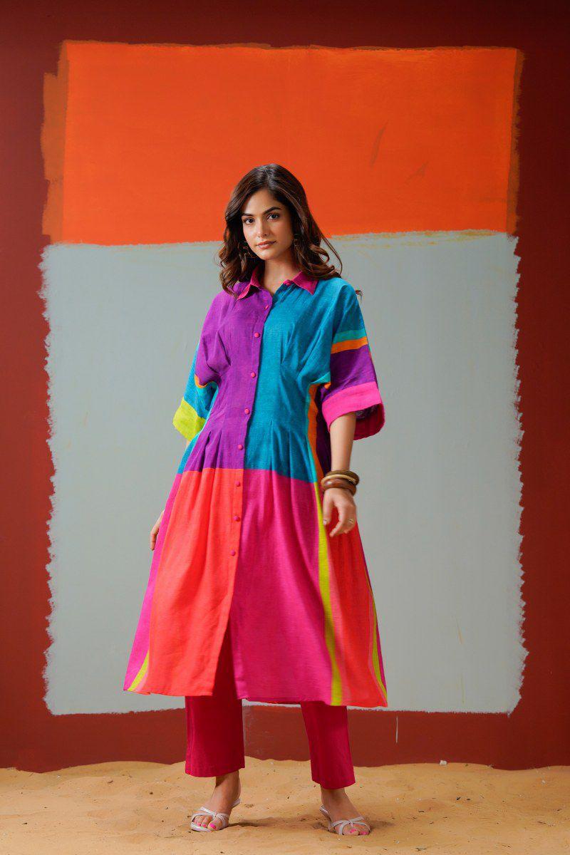 Dress up as kurta pant or a one piece dress in our soft Mul Mul multi colour outfit