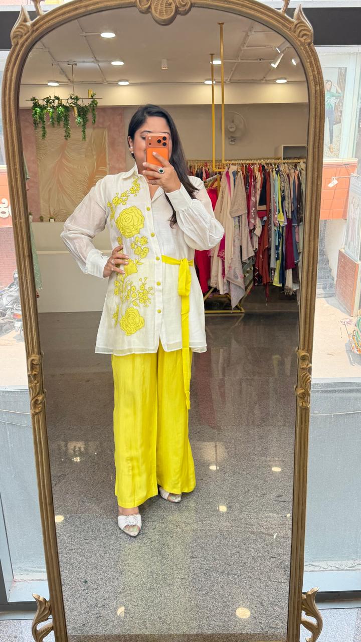 Premium Mul chanderi applique work lining shirt paired with soft silk pant