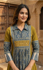 Pretty ajrakh cotton real mirror one piece in yellow