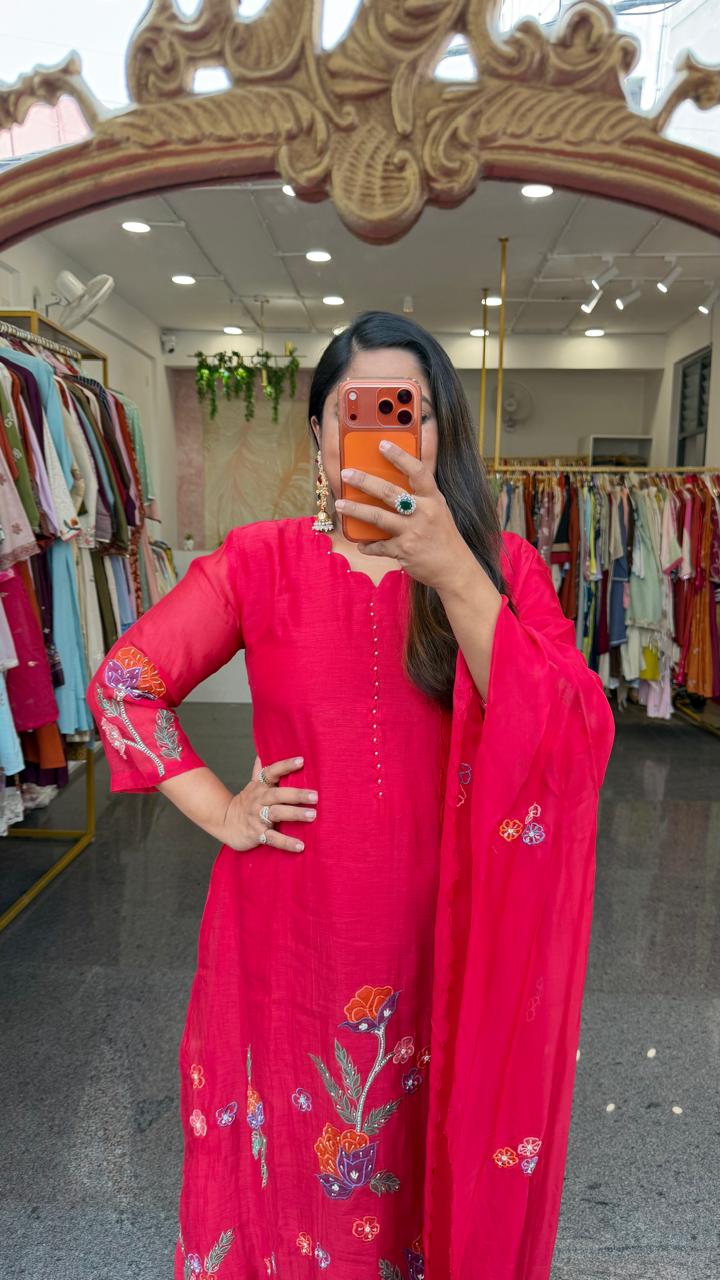 Premium embroidered Mul chanderi with designer neck suit set (true to size)