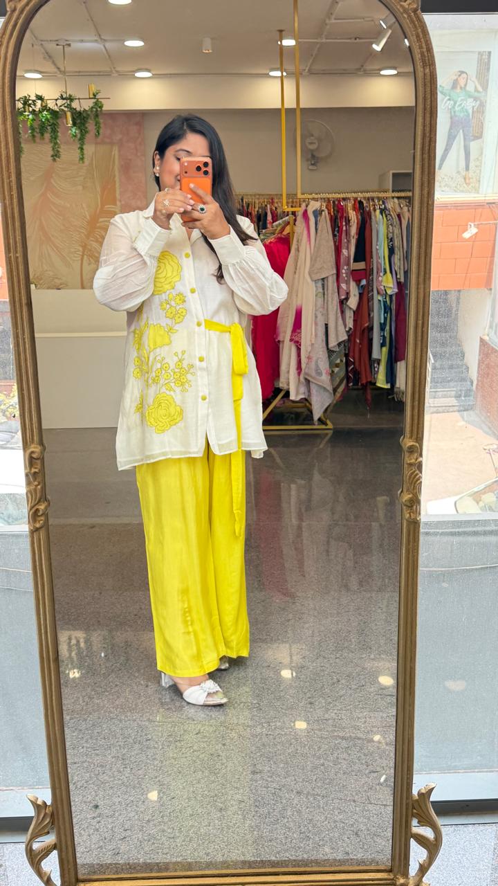 Premium Mul chanderi applique work lining shirt paired with soft silk pant