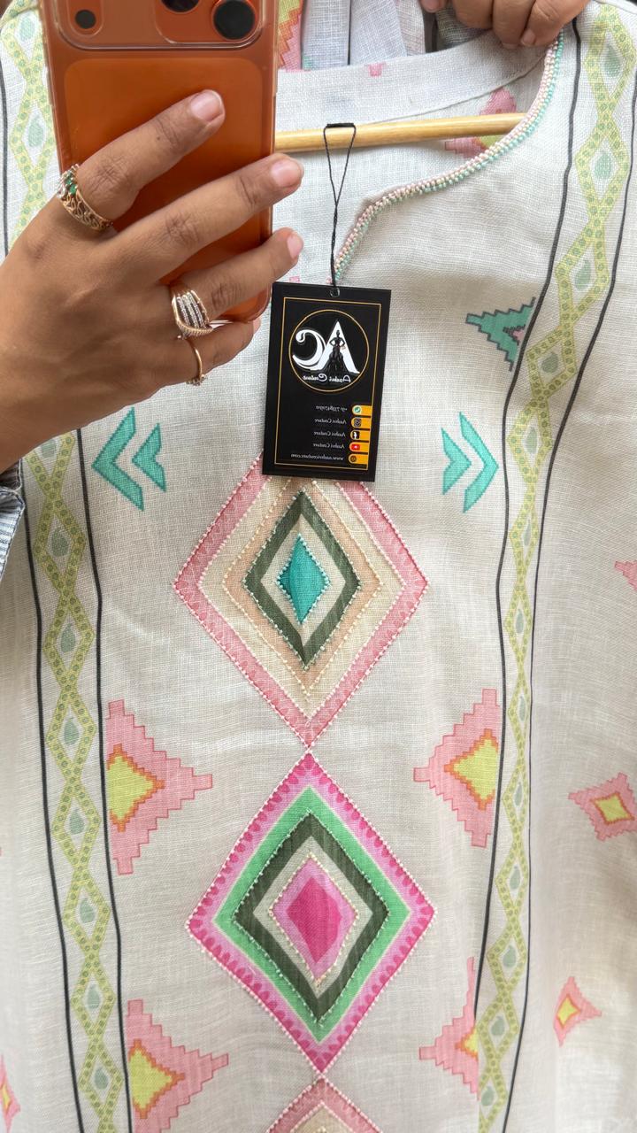 Linen cotton pearl detailing suit set