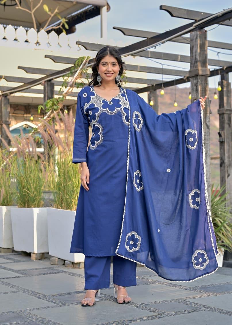 Pure cotton embroidered blue suit